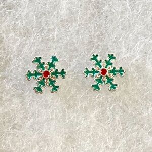 Green & Red Snowflake Holiday Silver Toned Stud Earrings